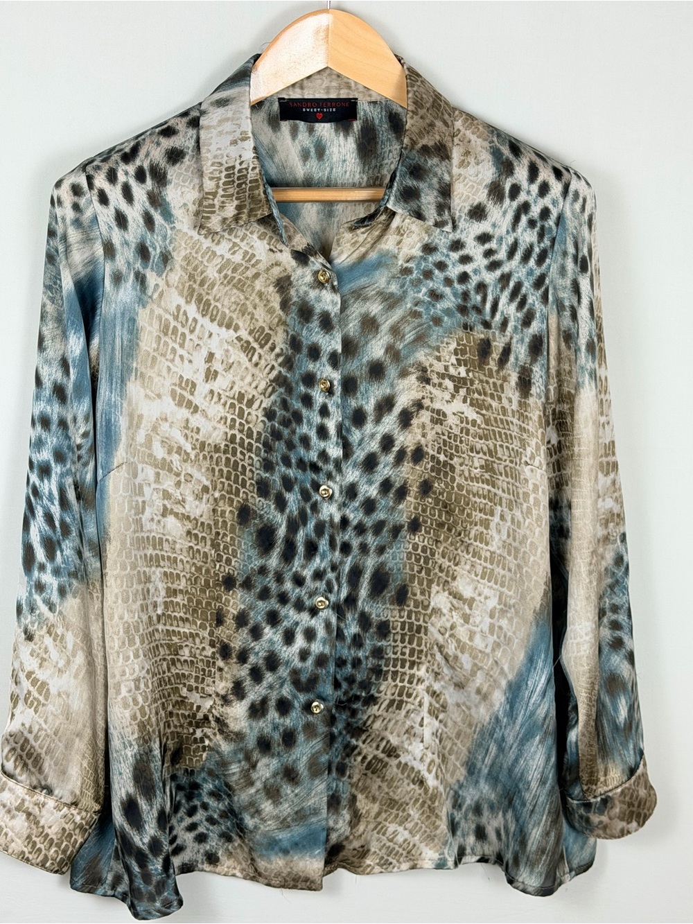 Sandro Ferrone Animal Print Blouse Blue Brown Button Front Shirt Top